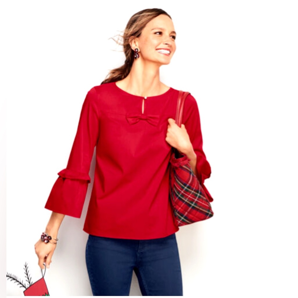 Talbots Bell Sleeve Top With Bow & Pearl Button.